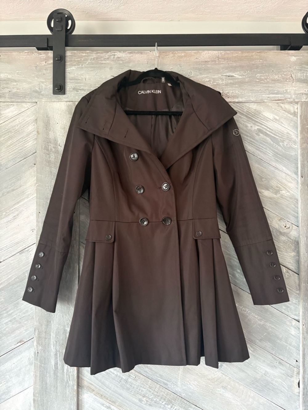 Calvin Klein Double-Breasted Skirted Raincoat - Picture 2 of 9